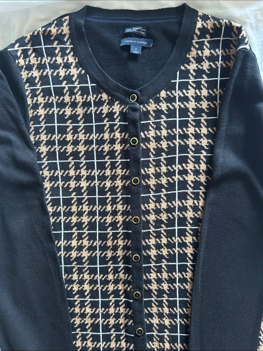 Tommy Hilfiger Black & Tan Houndstooth Grid Button Cardigan